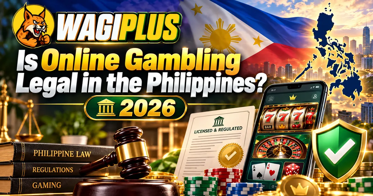 Is online gambling legal in the Philippines? 2026 — WagiPlus logo, Philippine flag and map, Manila skyline, gavel and law books, a licensed-and-regulated certificate, a phone with casino games, chips and a green check shield
